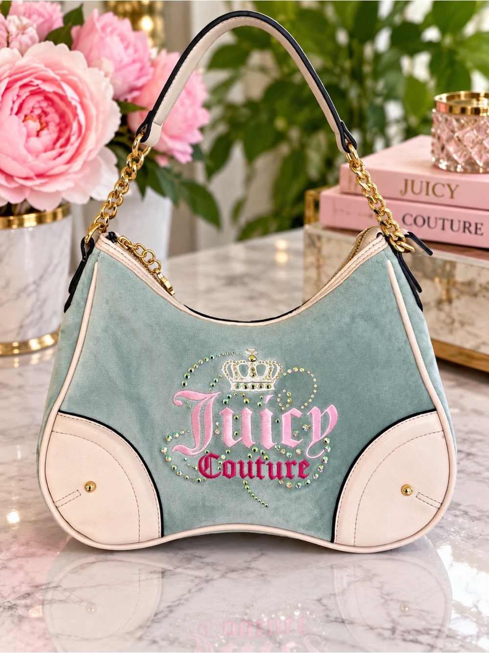 Juicy Couture Vintage Inspired Sage Green  Cream Embellished Velour Shoulder Bag